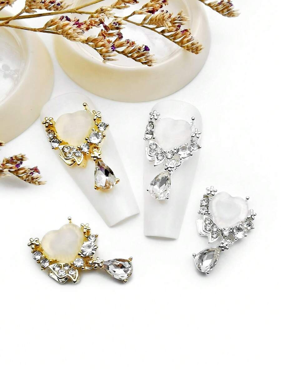 10pcs/Pack Heart Shaped Tassel Alloy Rhinestone Nail Art Jewelry, 3D Metal Heart Cat Eye Stone Water Drop Pendant Crystal Glass Nail Decor DIY Accessories For Girls & Women - Multicolor - View 1