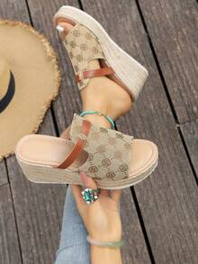 Women's Straw Wedge Rope Open Toe Slippers, Thick Sole Elevated Sandals For Summer Outdoor Wear - Flower Brown - View 7