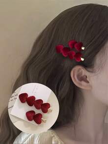 3pcs/Set Kids Velvet Heart Hair Clips & Scrunchies Set, Cute Girls Bangs Side Clips & Elastic Hair Ties, Fashionable & Versatile For Daily, Party, Valentine's Day, New Year