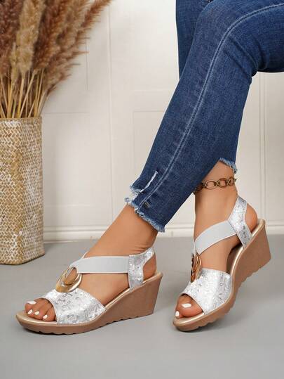 Slip-On Beach Sandals With Metal Decor, Elastic Straps, Bowknot Embossed Shiny Fabric, Wedge Heel Comfortable Women Sandals