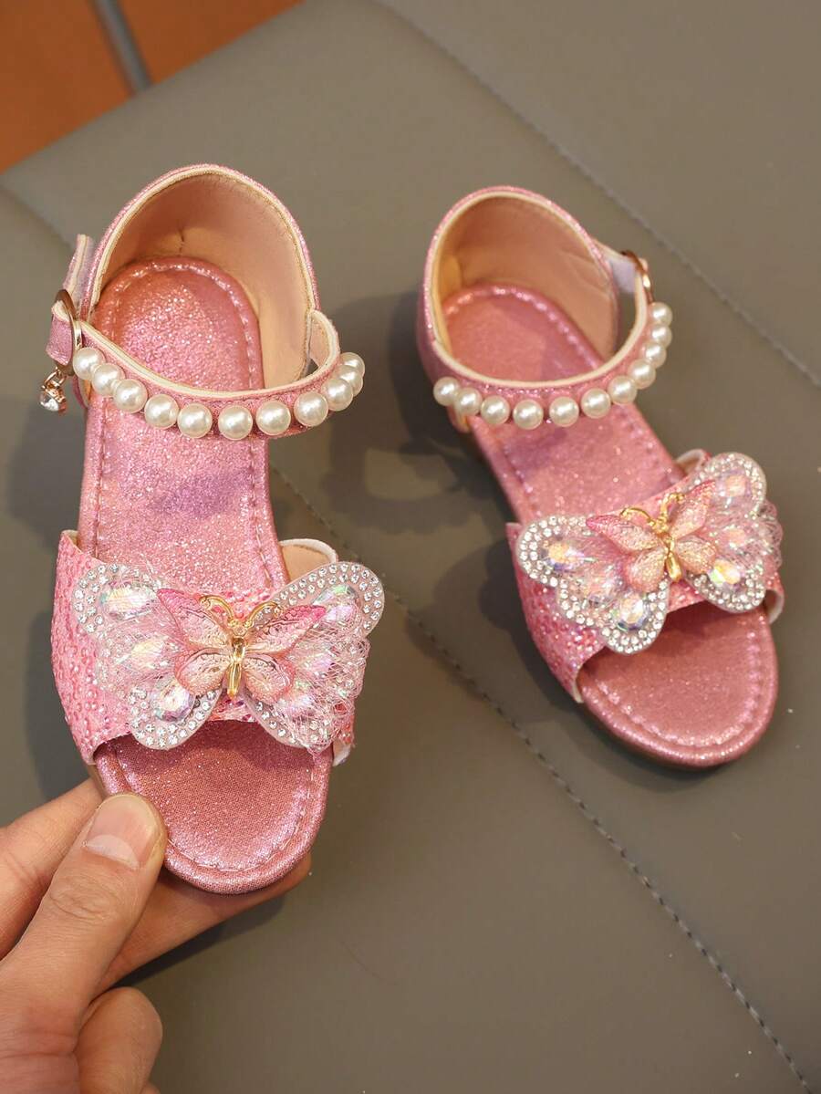 1 Pair Toddler Girls' Fuchsia Flat Sandals, Soft Leather With Colorful Rhinestone Butterfly Decor, Round Toe, Non-Slip Soft Sole, Adjustable Strap, Fashion Princess Style Beach Sandals For 3-12 Years Old, Spring/Summer 2026 - Hot Pink - View 1