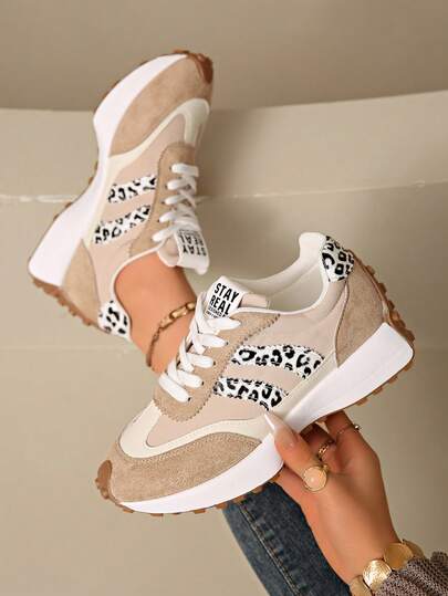 Leopard Print Breathable Lace-Up Casual Sports Shoes, Comfortable Outdoor Sneakers, Versatile Student Running Shoes