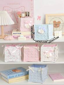 1pc Ins Style Quilted Desktop Storage Basket Features A Lace Bow. It's Suitable For Organizing And Storing Desktop Items, Including Lipsticks, Makeup Brushes, And Skincare Products. It Can Also Be Used As A Desktop Decoration, A Cosmetics Storage Basket, An Earphone And Lipstick Organizer, A Portable Picnic Basket, A Stationery Storage Basket - Multicolor - View 11