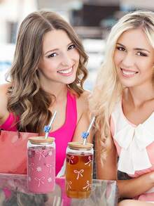 6pcs Reusable Glass Straws With Bow Pendant - Bend-Proof Straw Set + Cleaning Brush - Elegant Straws For Cocktails, Smoothies And Cold Drinks (20cm) - Multicolor - View 2