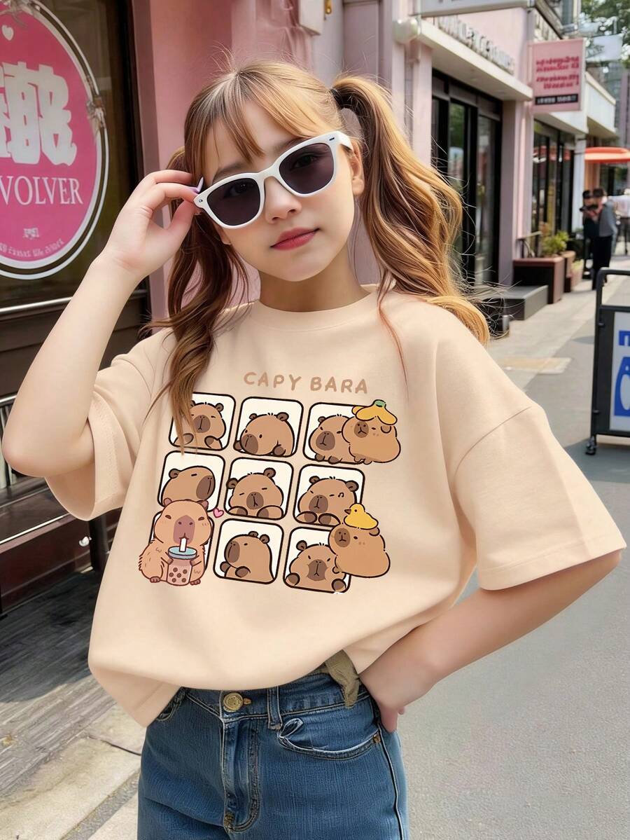 1pc Fuzzy Capybara Plaid T-Shirt, "CAPY BARA" Slogan Top, Suitable For School Daily Wear In Spring/Summer - Apricot - View 1