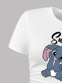 Conjunto de blusa de manga corta con estampado de dibujos animados y falda de mezclilla para niña adolescente - Blanco - Ver 4