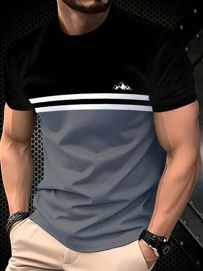 KOVSEE Men's Simple Pattern Contrast Color Print Short Sleeve Shirt, Outdoor Sports Casual Daily Running Basketball Football T-Shirt, Quick-Dry Breathable Fitness Tee, Single Piece, Holiday Gift For Boyfriend