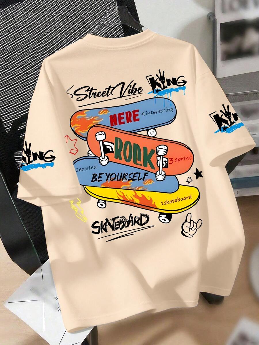 Áo thun cổ tròn in hình "KING" dành cho bé trai, phong cách đường phố trượt ván, hàng mới về mùa hè. - Màu be - Xem 1