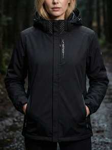 Women's Solid Black Waterproof Hooded Windbreaker Jacket, Zipper Outdoor Hiking Coat With Pockets And Letter Decor - Black - View 2