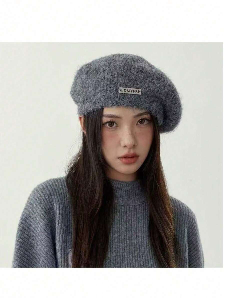 1顶女士马海毛贝雷帽，新款冬季日式百搭大帽围灰色针织艺术家帽 - 彩色 - 查看 1