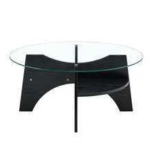 Modern Round Side Table In Durable Glass - Ø 80 Cm, Multifunctional Design. Compartment-Shaped Structure. MDF Table Legs With A Black Wood Finish. Ideal For Dining Room, Living Room, Office, Etc.