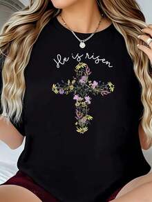 Easter Day Art-Shirt He Is Risen Floral Jesus Easter Day Christians Leopard-Shirt. Casual Crew Neck Short Sleeve Comfort Tee Top Spring &Amp;   Summer. Women's Clothing.Jpg Graphic Tees Men Crop Tops Couple Tee Art Outfits Men-Shirt - 黑色 1pcs WOMEN2 - 查看 9