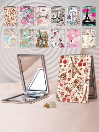 1 Stück tragbarer Faltbarer Make-up Spiegel, europäischer Architekturstil, leicht, kompakt, strapazierfähiges Kunstleder, geeignet für Reisen, Veranstaltungen, Arbeit, Schule, alle Altersgruppen