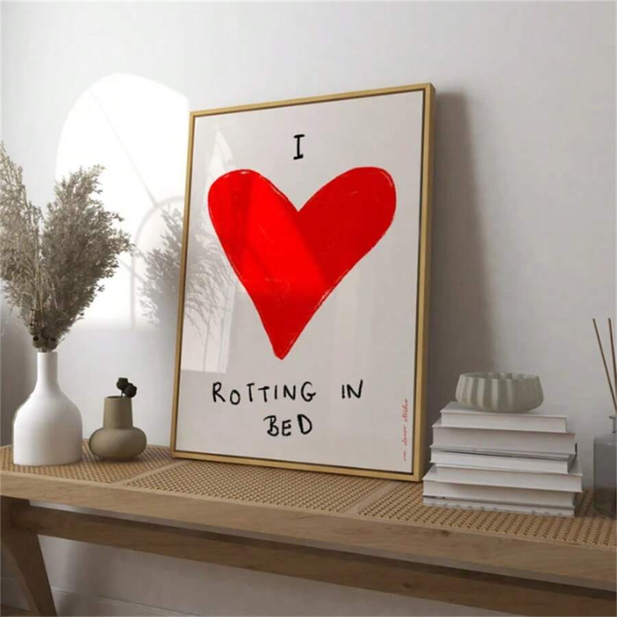 1 件“我爱躺在床上”艺术印刷海报，复古印刷，心形插画，中世纪风格印刷，现代卧室墙面艺术海报帆布画墙面艺术房间家居装饰无框 - 彩色 - 查看 1
