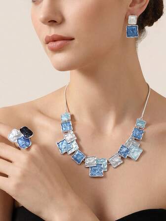 Cring Coco 3pcs/Set Women Jewelry Set, Fashion Bohemian Enamel Blue Geometric Square Necklace And Earrings Set, Suitable For Daily, Party, Festival, Valentine's Day, Jewelry Accessories Gift