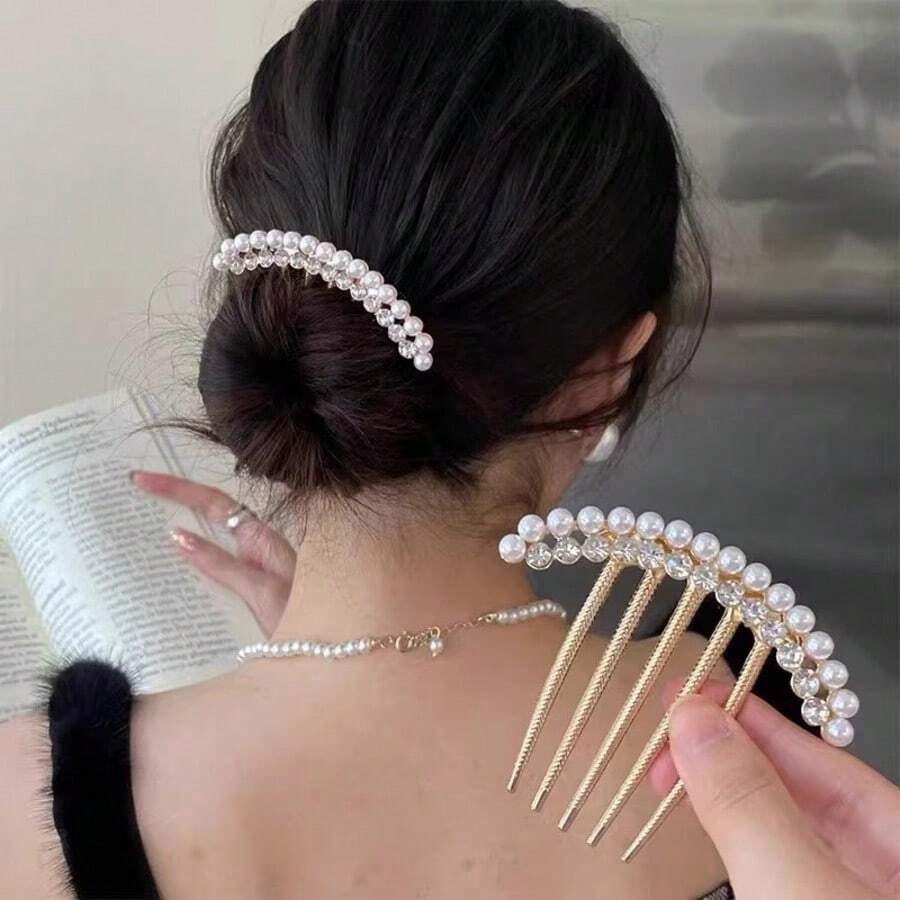 1pc Alloy Faux Pearl Hair Clip Comb, Women's Rhinestone Side Comb, Elegant Hair Accessory, Suitable For Daily Wear And Weddings, Head Accessories, Party, Hair Accessories For Women - 1 - View 1