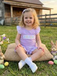 Girls 2 Piece Easter Outfits Short Sleeve O Neck Letter Embroidery Tops Plaid Shorts Sets - Purple - View 3