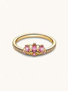 1 Pc Gold Ring Jewelry, Pink Gemstone Crown Design Style, Luxurious And Generous Ring, Suitable Ladies' Weddings, Banquets, And Girls' Daily Life Decoration Gifts - 黃金 - 查看 4