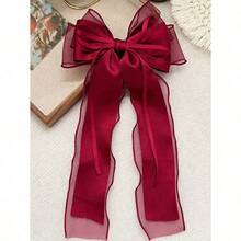 1pc Beige Mesh Hair Clip With Heart Print, Large Bowknot And Spring Clip, Elegant And Gentle Hair Accessory Hair Bow For Spring Valentine's Day, School Stuff, College, Bows, Cute, Hair Accerssories - Burgundy - View 4
