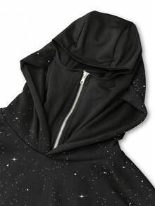 Women's Casual Double-Hooded Half-Zip Sweatshirt With A Shimmering Silver Polka Dot Pattern; Customizable Text And Graphic Prints Are Also Available. - Black - View 4