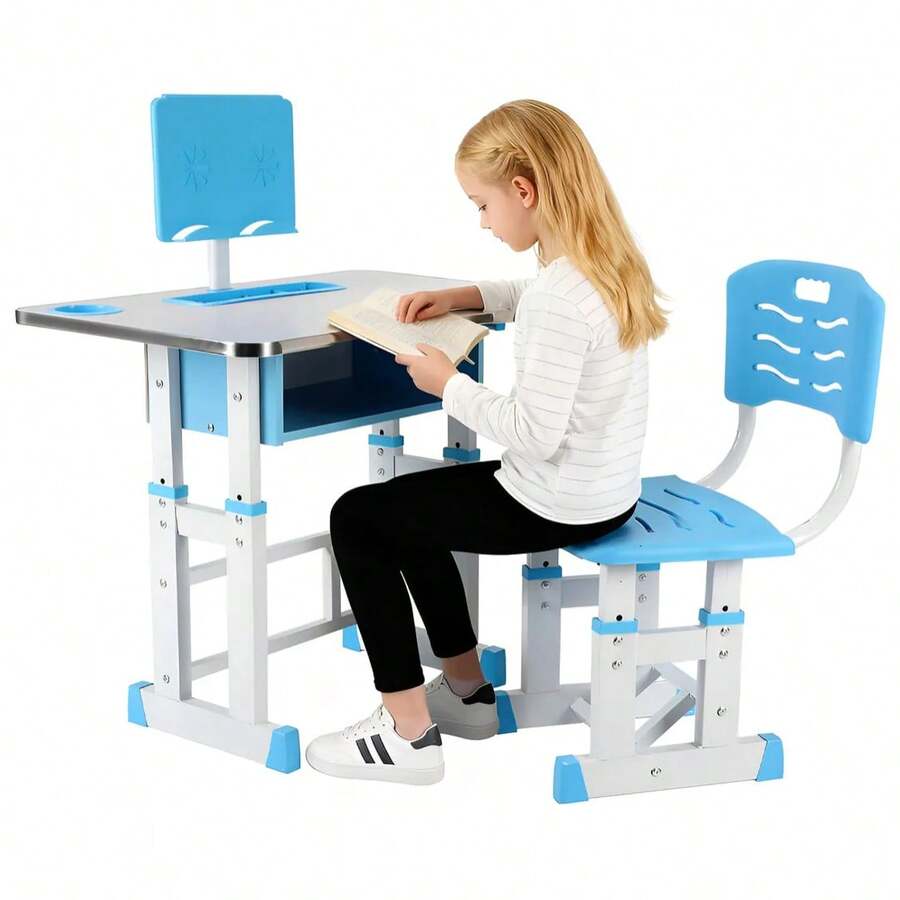 Juego de mesa y silla de estudio ergonómica ajustable - Marco de metal duradero, azul y blanco, ideal para el hogar, la escuela o el entrenamiento, escritorio escolar | Altura ajustable | Diseño ergonómico, mesa de estudio CINTHYA MX Azul - Celeste - Ver 1