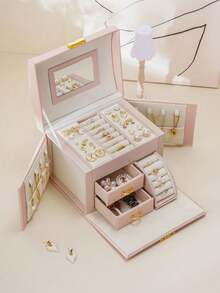 Large Capacity Multi-Layer PU Jewelry Box, Multi-Functional Vanity Desk Organizer Box, Suitable For Necklaces, Earrings, Rings, Bracelets, Watches, Lipsticks, Daily Cosmetics Storage, Travel Jewelry Case