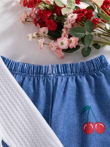 2 Potong Setelan Kasual Anak Perempuan, Atasan Lengan Panjang Motif Ceri Bordir Warna Polos dan Celana Motif Denim Imitasi, Musim Semi/Musim Gugur - Putih - View 8