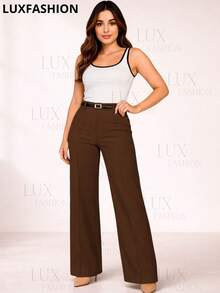 Women's Wide Leg Elegant Tailored Pantaloons With Belt - Nâu sẫm - Xem 7