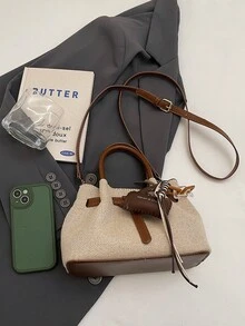 1pc Unique Design Handbag With Pendant, Snap Closure Contrast Color Shoulder Bag, Fabric And PU Material, Suitable For Work, Shopping, Dating, Travel - Brown - View 6