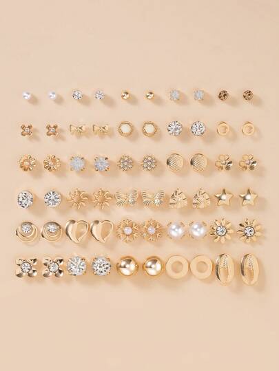 30 Pairs/Set Elegant Rhinestone, Faux Pearl, Snowflake, Bow-Knot, Round Star Stud Earrings, Fashionable Jewelry Party Gift