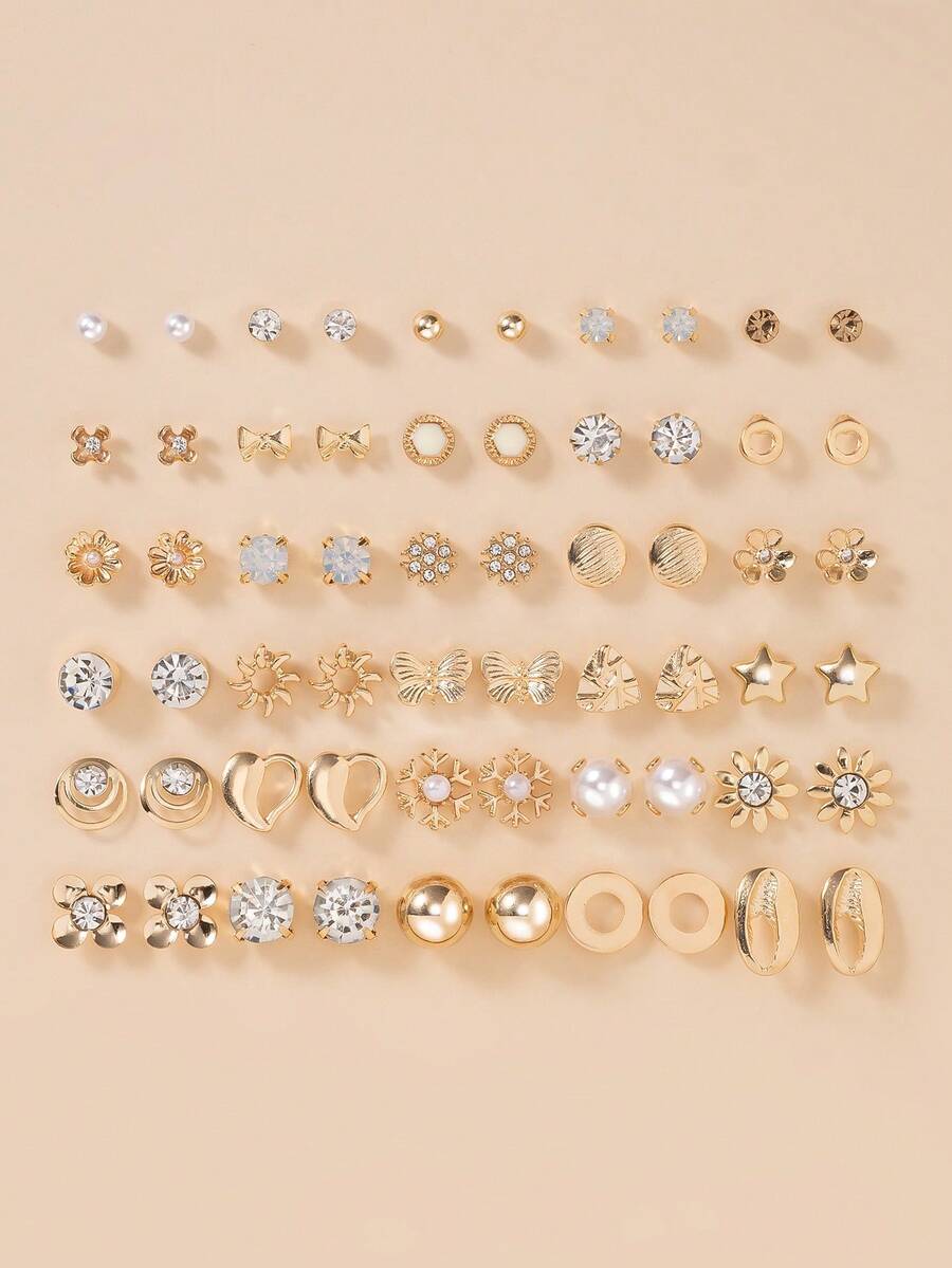 30 Pairs/Set Elegant Rhinestone, Faux Pearl, Snowflake, Bow-Knot, Round Star Stud Earrings, Fashionable Jewelry Party Gift - Yellow Gold - View 1