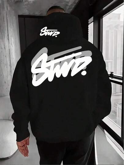 Sudadera con capucha de moda casual para hombres con estampado de letras, bolsillo canguro, cordón ajustable, forro térmico, otoño/invierno