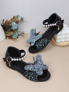 1 Pair Black Soft Leather Toddler/Little Girls' Flat Sandals With Colorful Rhinestone Butterfly Decor, Classic Open Toe, Non-Slip Soft Sole, Strap Design, Fashion Princess Sandals For 3-12 Years Old, Suitable For Daily, Holiday, Party Wear, Spring/Summer 2026 - Black - View 4
