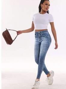 Legging Olahraga Pinggang Tinggi Motif Efek Denim, Celana Ketat Kasual Elastis, Pilihan Pas yang Nyaman, Ukuran Plus untuk Olahraga Musim Gugur - Biru - View 5