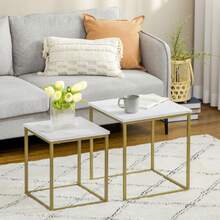 Set Of 2 HOMCOM Coffee Tables, Nesting Side Tables With Steel Frame, White, For Living Room And Bedroom. - Beige - View 2