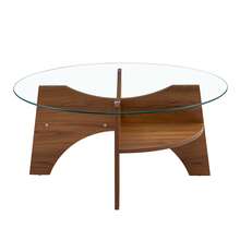 Round, Modern Side Table In Tempered Glass (Ø 80 Cm), With A Multifunctional Design. Fan-Shaped Base. MDF Legs With A Walnut Finish. Ideal For Dining Room, Living Room, Office, Etc. - Walnut Wood Color + Transparent Glass + Medium Density Fiberboard - View 6