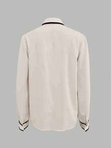 1pc Women's Contrast Color Trim Knot Elegant Long Sleeve Blouse, Suitable For Holiday, Office, Daily Wear, All Seasons Spring - Light Khaki - View 3