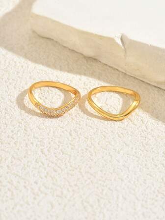 2pcs/Set Minimalist Rhinestone Wavy Design Stackable Rings, Versatile Accessory, Holiday Gift