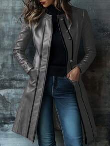 Chaqueta de cuero con cuello de contraste de estilo retro para mujer, primavera/otoño - Gris - Ver 3