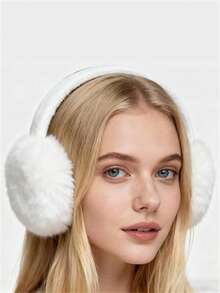 1pc White Foldable Fluffy Earmuffs, Cute Ear Warmers For Women, Adjustable Headband With Plush Lining, Unisex Winter Earmuffs - Black - View 5