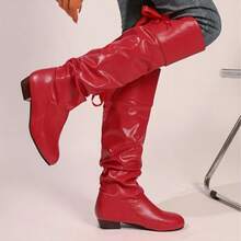 Women's Plus Size Long Pleated Boots, Solid Color, Easy To Wear Design, Round Toe, Medium Square Heel, Suede Lining, PU Upper, Rubber Sole - Màu đỏ đậm - Xem 5