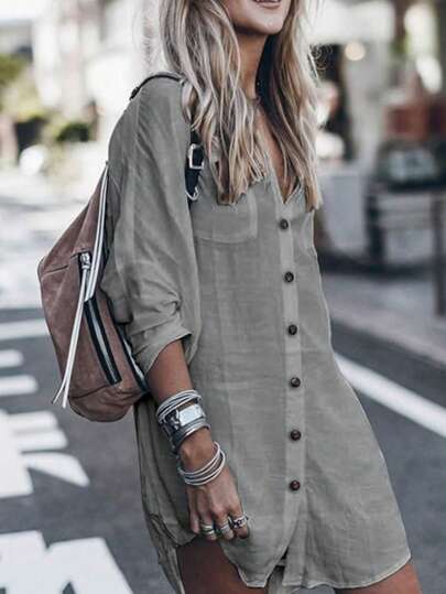 Camisa de mujer de unicolor, casual, de manga larga y con botones