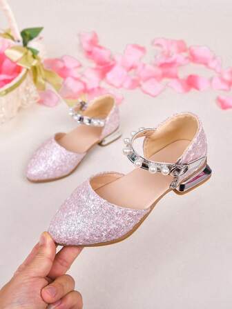 1双可爱新款儿童高跟鞋，闪亮公主鞋，玛丽珍珍珠带装饰，适合参加舞会的舞蹈鞋