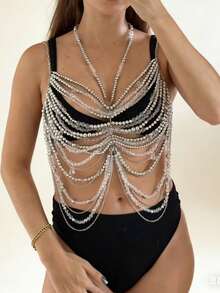 2026 SS New Silver Crystal Chain Body Harness Bralette Women Party Festival Rave Outfit Accessory - Silver - View 1