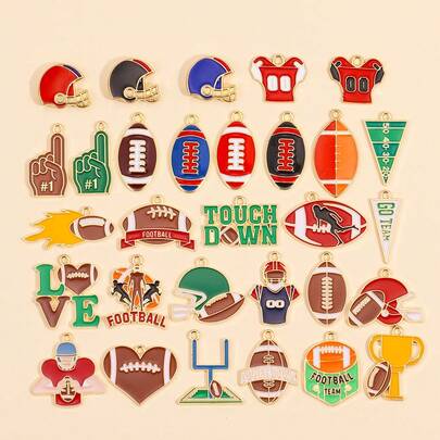30pcs Sports Football Series Pendant Set, Alloy Enamel Football Helmet Charm, Suitable For DIY Jewelry, Souvenirs, Gifts, Decoration Materials And Accessories Wholesale