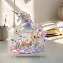 1件水晶独角兽2D亚克力桌面摆件，带支架 - 优雅的白色和浅粉色设计，适合家居、办公室或作为节日礼物送给家人和朋友，办公室装饰 | 优雅设计 | 平底设计，独角兽主题生日派对用品