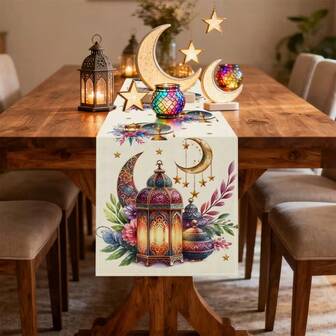 This Ramadan-Themed Table Runner Set Features A Minimalist Ramadan Design - Colorful Crescent Moons And Lanterns, Accented With Stars. Made Of Durable Polyester Material, The Rectangular Tablecloth Is Suitable For The Kitchen, Dining Room, Parties, Home Decor, And Rural Festivals. Available In Multiple Sizes, Making It A Great Gift Item.