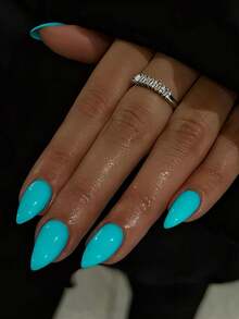 24pcs Almond Shaped Press-On Nails - Minimalist Mint Blue Glossy Design Medium Length Artificial Nails, Suitable For Women's Daily Wear, Parties, And Special Occasions, Perfect Gift For Her, Manicure Technique Gift, Exquisite Nail Art Supplies. - Mint Blue - View 2