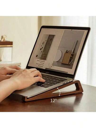 1pc Portable Foldable Wooden Laptop Stand - Ergonomic Angle Adjustment (12°), With Ventilation Design, Triangular Wooden Tray Suitable For Tablets And Mini Laptops, Compact Design, Natural Wood Grain Finish