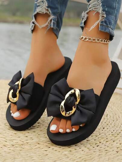 Summer New Black Thick Sole Slippers For Women, Bowknot Metal Buckle Platform Slides, Fashion Strap Outdoor Sandals
